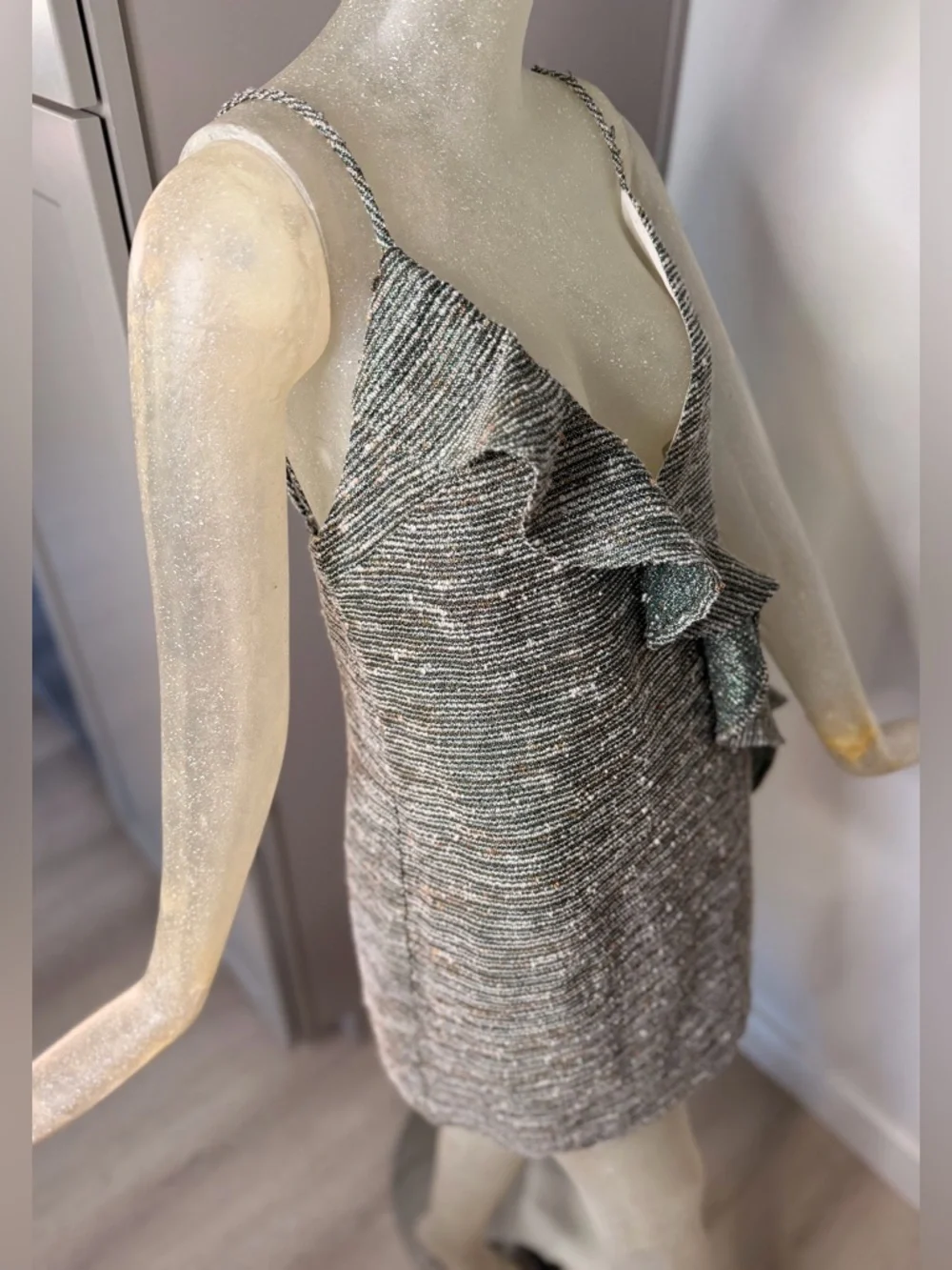 Lovers+Friends Ella Metallic Green Ruffle V-Neck Mini Dress. Size Large - Picture 6 of 11